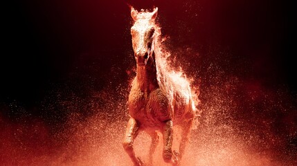 Dynamic White Horse Running Through Red Dust Storm in Dark Background