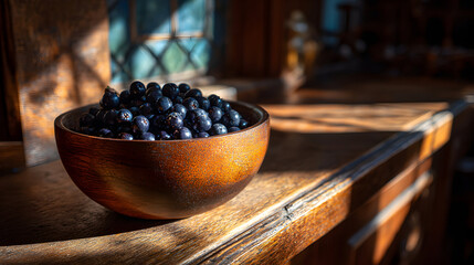 Fresh Blueberries in Wooden Bowl on Table.