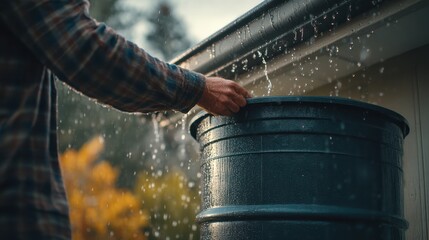 A person collects rainwater from a rooftop into a barrel, showcasing a sustainable practice in a serene outdoor setting.