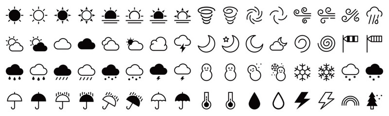 天気予報やカレンダーに最適なシンプルで可愛いお天気アイコンのベクターイラストセット