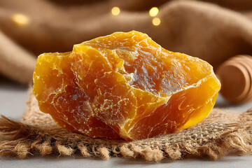 Fresh Honeycomb on Burlap Closeup.