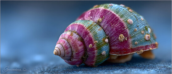Colorful Decorative Snail Shell on Blue Background.