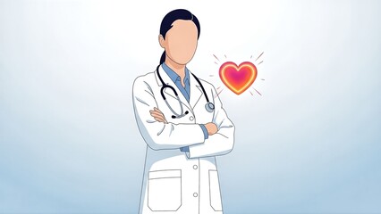 Illustration of a confident female doctor with a stethoscope and a glowing heart symbol.