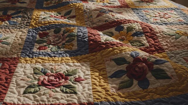 Close Up of Antique Quilt With Floral Applique Pattern