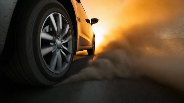 Car kicking up dust on a desert road at sunset.