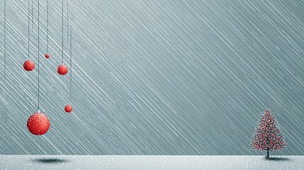 minimalist Christmas snow scene, white diagonal lines as snowfall, floating red baubles, black outline Christmas tree, soft blue gradient background, subtle glow
