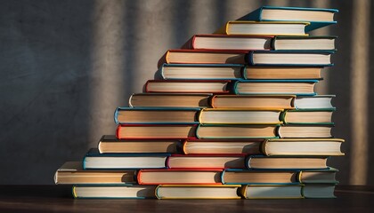 Large Stack of Colorful Hardcover Books Arranged Like a Staircase in Dramatic Light