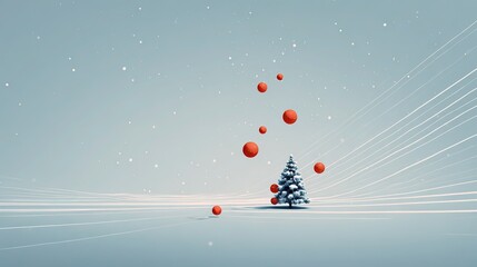 minimalist Christmas snow scene, white diagonal lines as snowfall, floating red baubles, black outline Christmas tree, soft blue gradient background, subtle glow