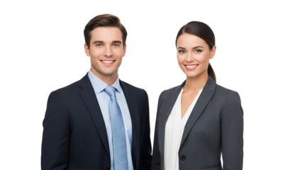 Confident young business man and woman smiling in professional dark suits, depicting corporate success and teamwork, isolated on transparent background.