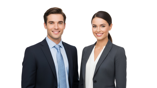 Confident young business man and woman smiling in professional dark suits, depicting corporate success and teamwork, isolated on transparent background. - Powered by Adobe