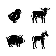Fototapeta premium Set of Four Farm Animal Silhouettes Including Chick Pig Cow and Horse.