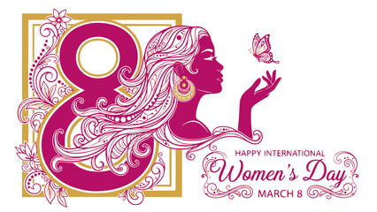 International Women's Day design. International Women's Day celebration poster or banner design with a woman and butterfly and text. Featuring beauty of a woman with freedom and serenity. PNG version.