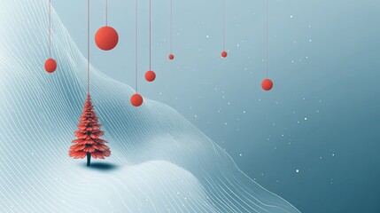 minimalist Christmas snow scene, white diagonal lines as snowfall, floating red baubles, black outline Christmas tree, soft blue gradient background, subtle glow