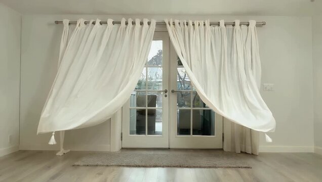 Ultra HD 4K slow motion video of curtain blowing gently the wind inside modern residential house evoking cozy atmosphere interior design inspiration lifestyle 