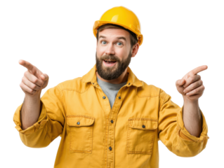 Confident Construction: A skilled construction worker, adorned in a hardhat and work attire, points towards something with a cheerful and inviting demeanor. 
