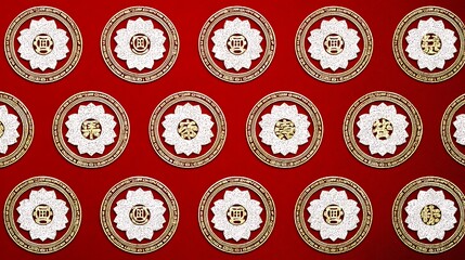 Gold and White Decorative Medals on Red Background for Awards or Celebrations