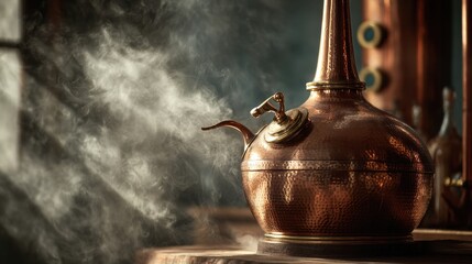 Copper Pot Distills Cognac Using Traditional Alambic With Steam Rising in Warm Light Over Grape Motifs