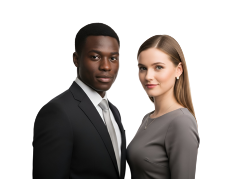 Confident multi-ethnic business professionals in sharp corporate attire posing together, symbolizing partnership and diversity, isolated on transparent background. - Powered by Adobe