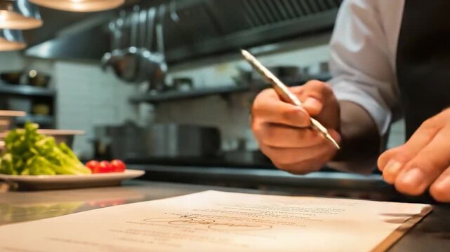 Chef meticulously writing on a menu in a professional kitchen setting.
