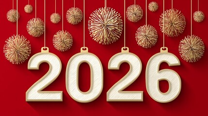Celebratory Golden New Year 2026 Decorations on Red Background Festive Holiday Design
