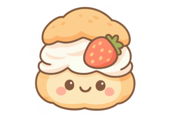 Cute strawberry cream puff cartoon character smiling