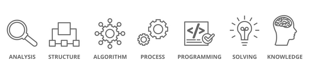 Data science banner web icon vector illustration concept with icon of programming, structure, data mining, machine learning, big data, statistics, analysis, knowledge
