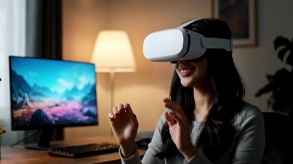 Woman Using VR Headset for Immersive Gaming and Virtual Reality Experience.