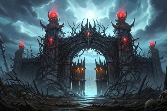 Dark fantasy gate with red lights in a haunted landscape