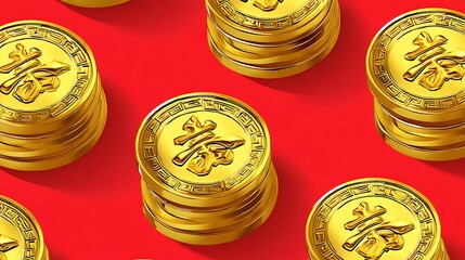 Gold Chinese Coins Stacked on Red Background for Prosperity and Wealth