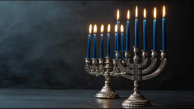 Lit candles on silver menorah against dark background