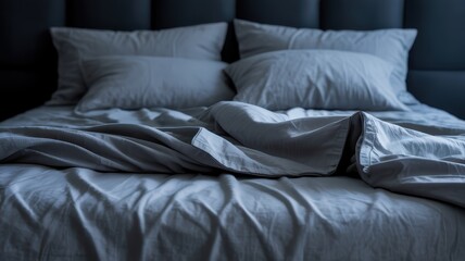 A cozy and inviting bed with rumpled sheets and pillows. The muted tones and soft lighting create a serene and relaxing atmosphere, perfect for rest and relaxation.