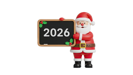 Santa Claus holding a blackboard with '2026' and holly decoration