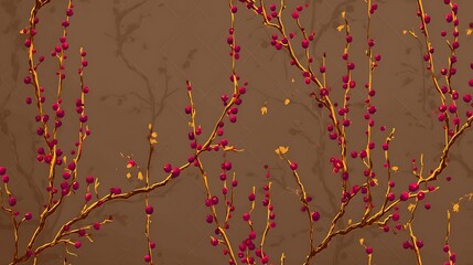 Decorative Branches with Pink Berries in Artistic Style on Brown Background