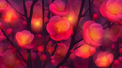 Vibrant Pink Flower Branches with Glowing Lights in Dark Background