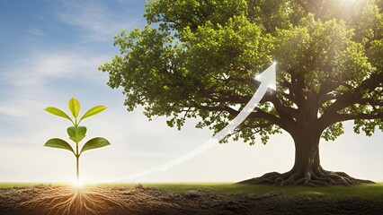 A small sapling grows into a mature tree with expansive canopy under a bright sky