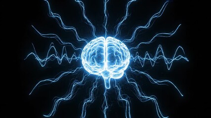 Glowing human brain hologram floating on black background with electric neural waves and glowing blue cortex energy, synapse sparks and neuron electricity radiating futuristic neuroscience mood - Powered by Adobe