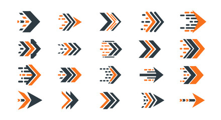 A dynamic collection of modern digital arrow icons in dark grey and orange, depicting concepts of speed, direction, and progress for various design projects.
