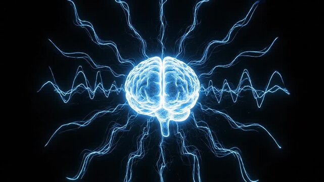 Glowing human brain hologram floating on black background with electric neural waves and glowing blue cortex energy, synapse sparks and neuron electricity radiating futuristic neuroscience mood