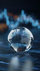 A digital globe sits on a data display, symbolizing global connectivity, technology, and financial trends.