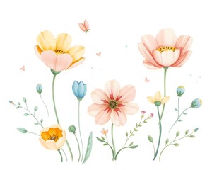 Obraz premium Whimsical hand-drawn watercolor illustration of cute and cozy floral soft petal flowers in pastel shades of pink, blue, and yellow, with green stems and leaves