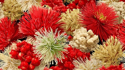 Colorful Marine Coral Reef with Red, White, and Green Coral Formations in Underwater Scene