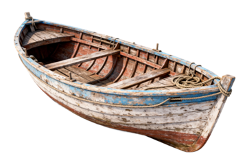 Old Wooden Rowboat with Weathered Paint and Rope