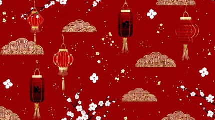 Traditional Red Lanterns and Cherry Blossom Branches on Festive Background