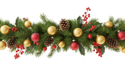 Vibrant Christmas garland with red and gold ornaments on pine branches