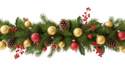 Vibrant Christmas garland with red and gold ornaments on pine branches