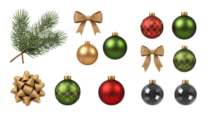 Christmas ornaments and pine branch arrangement close up.