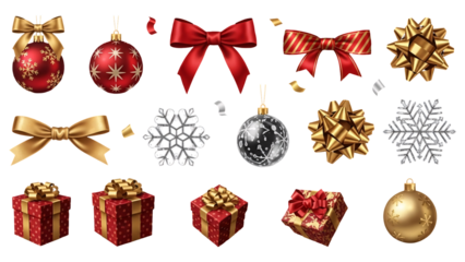 Christmas ornaments and wrapped gifts in festive decor.