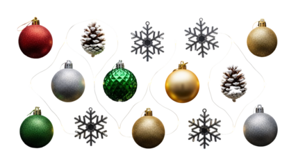 Colorful Christmas ornaments hanging baubles collection.