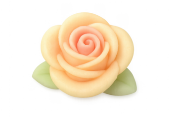 Marzipan rose confectionery with green leaves on transparent background