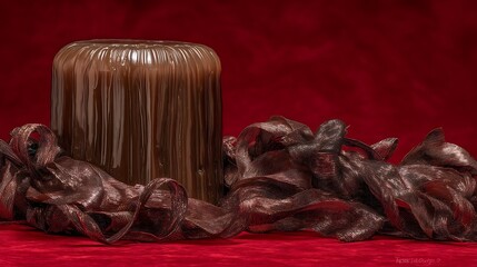 Chocolate Candle with Ribbons on Red Velvet Background
